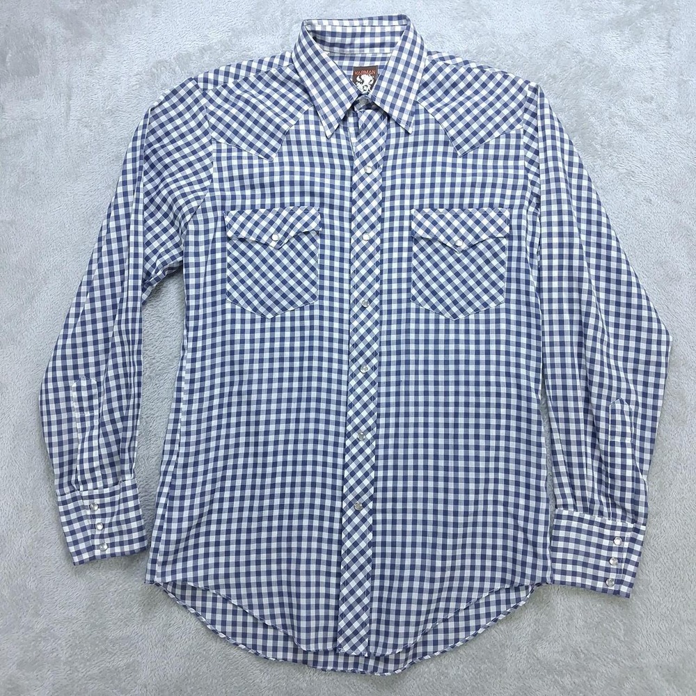 Karman Mens Blue White Gingham Western Pearl Snap Long Sleeve Shirt